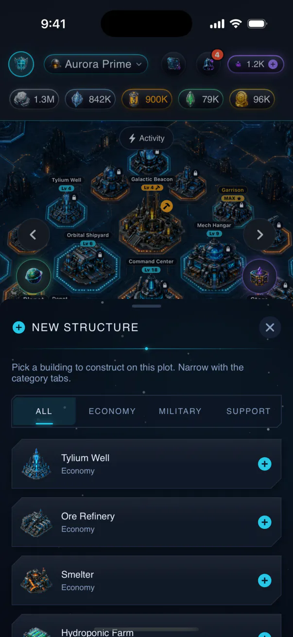 Build menu screen: choosing a new structure for a colony plot.