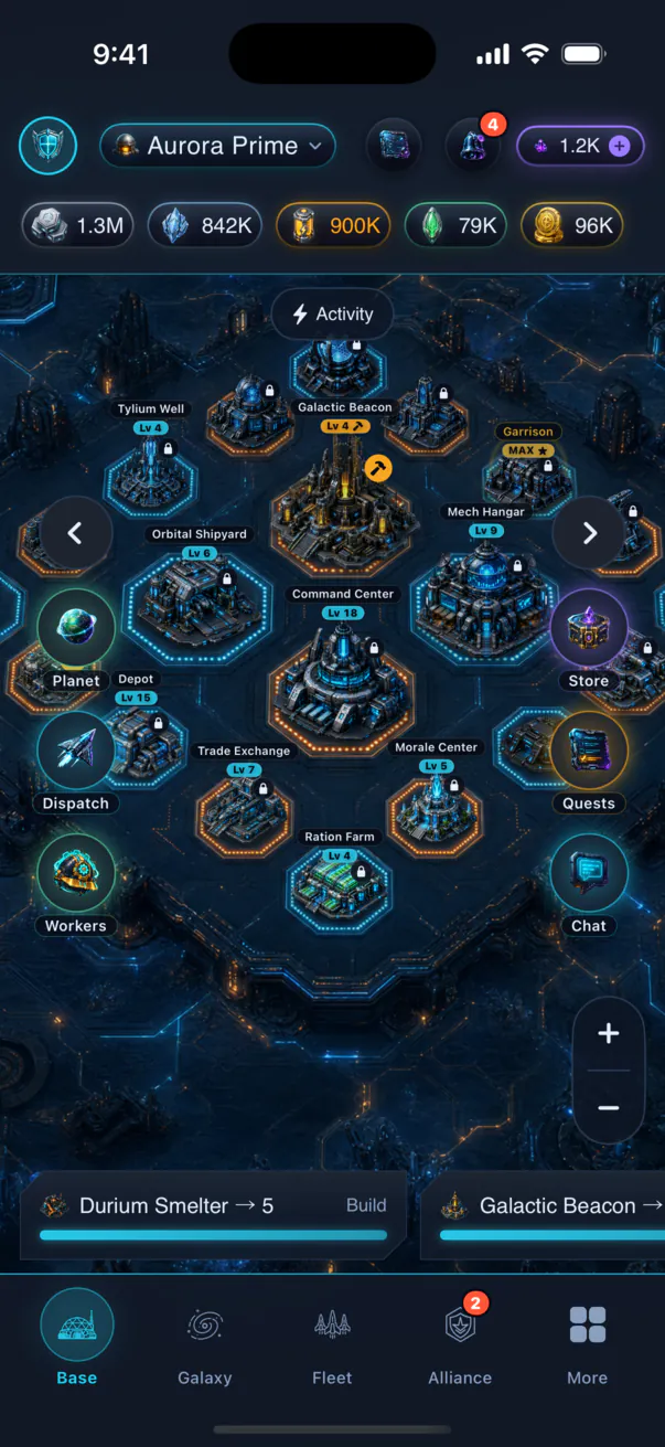 Colony base screen: an isometric view of buildings and resource output.