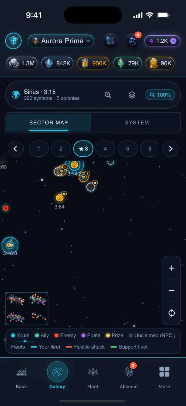 Sector map screen: a star chart of colony, ally and enemy systems.