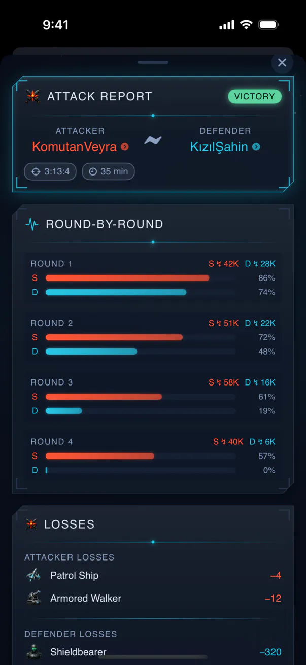 Battle report screen: round-by-round combat results.