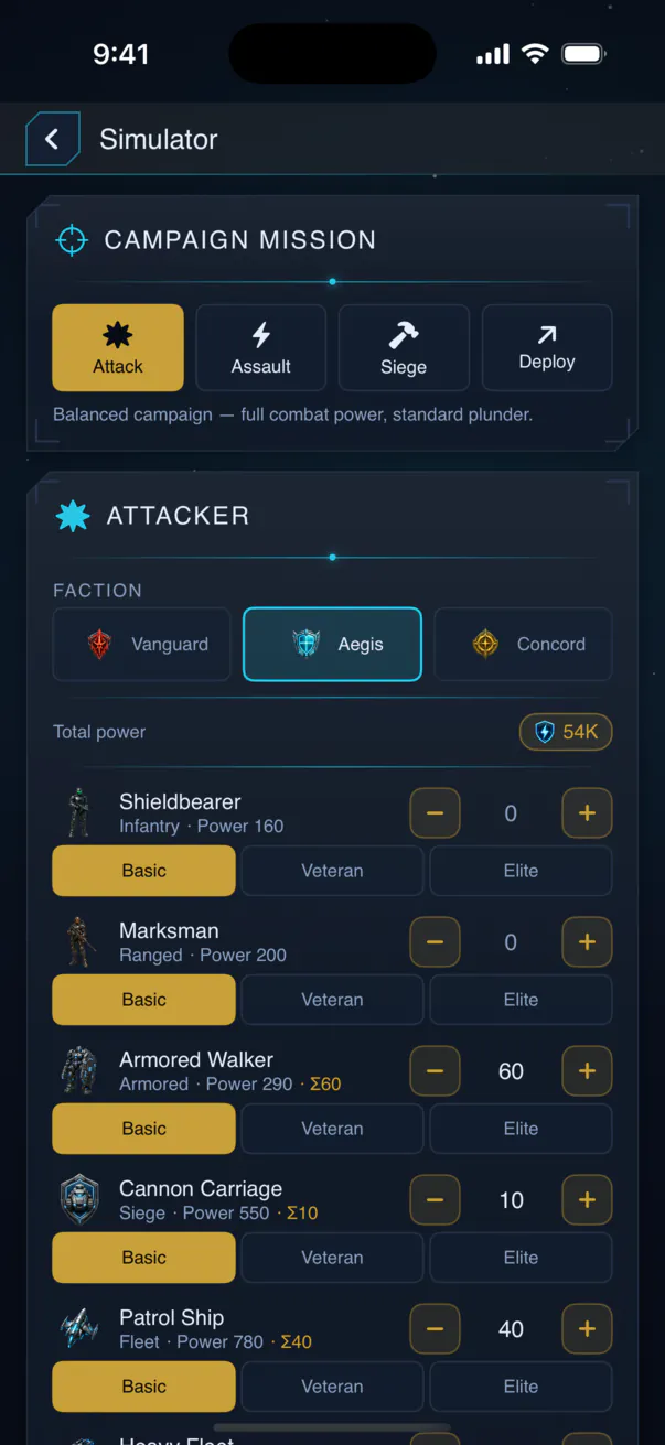 Combat simulator screen: choosing a mission, faction and unit counts.