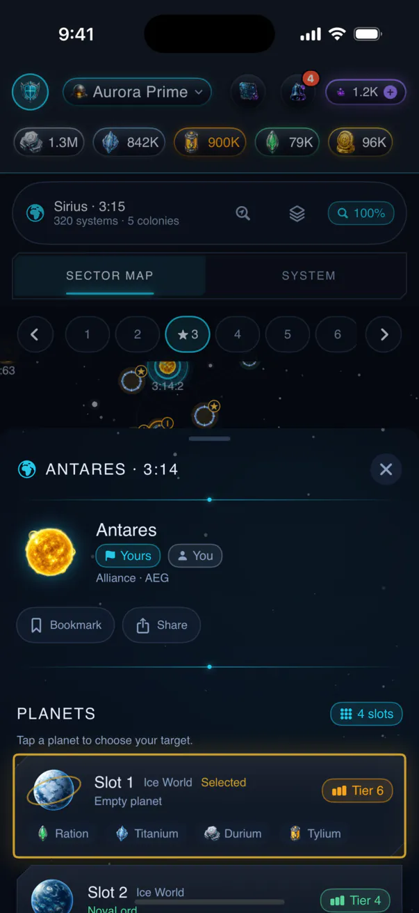 System detail screen: a star system with planet slots and ownership.