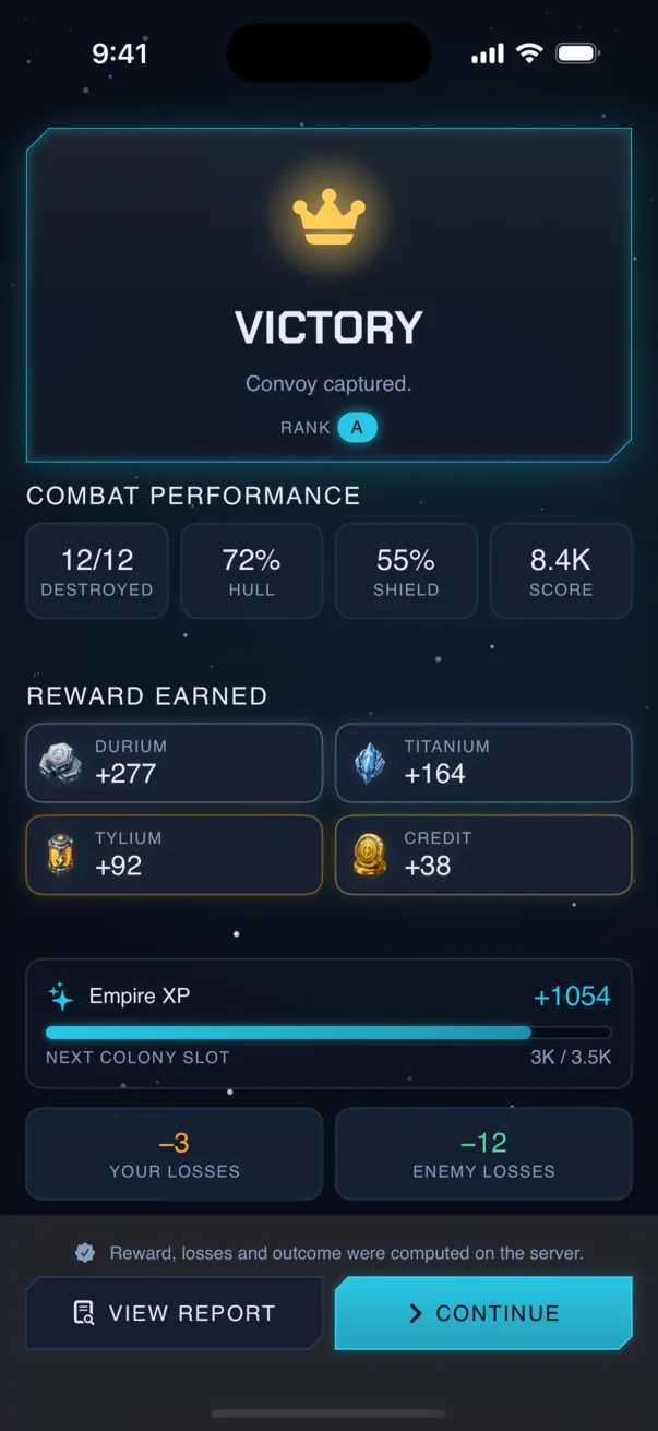 Battle victory screen: combat performance and resource rewards.