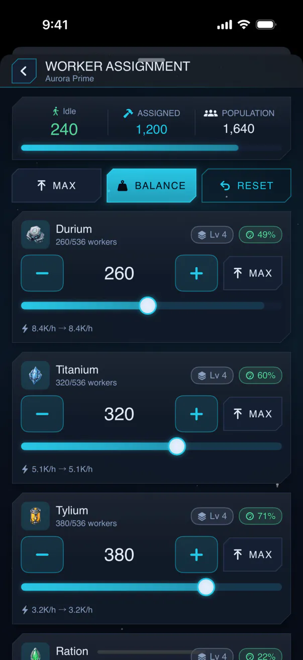 Worker assignment screen: allocating idle workers across resource jobs.